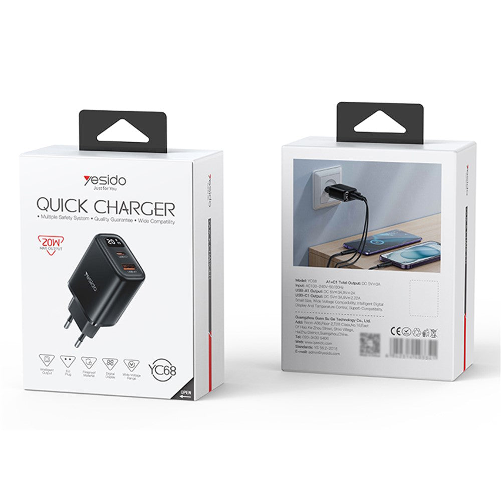 Caricabatterie Rete Yesido YC68, Display 20W, 3A, 1 x USB-A - 1 x USB-C, Nero