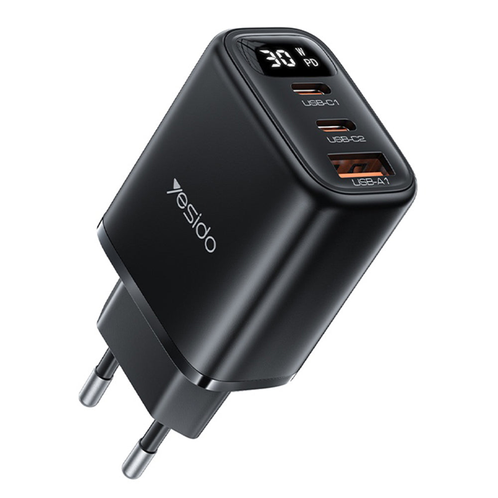 Caricabatterie Rete Yesido YC69 Display, 30W, 3A, 1 x USB-A - 2 x USB-C, Nero