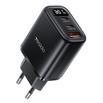 Caricabatterie Rete Yesido YC69 Display, 30W, 3A, 1 x USB-A - 2 x USB-C, Nero