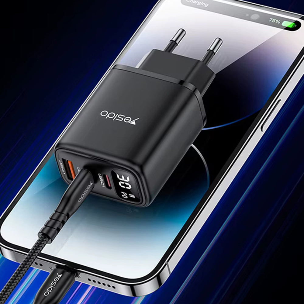 Caricabatterie Rete Yesido YC69 Display, 30W, 3A, 1 x USB-A - 2 x USB-C, Nero