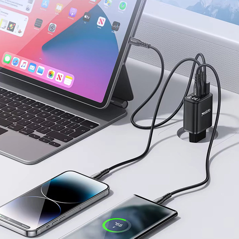 Caricabatterie Rete Yesido YC69 Display, 30W, 3A, 1 x USB-A - 2 x USB-C, Nero