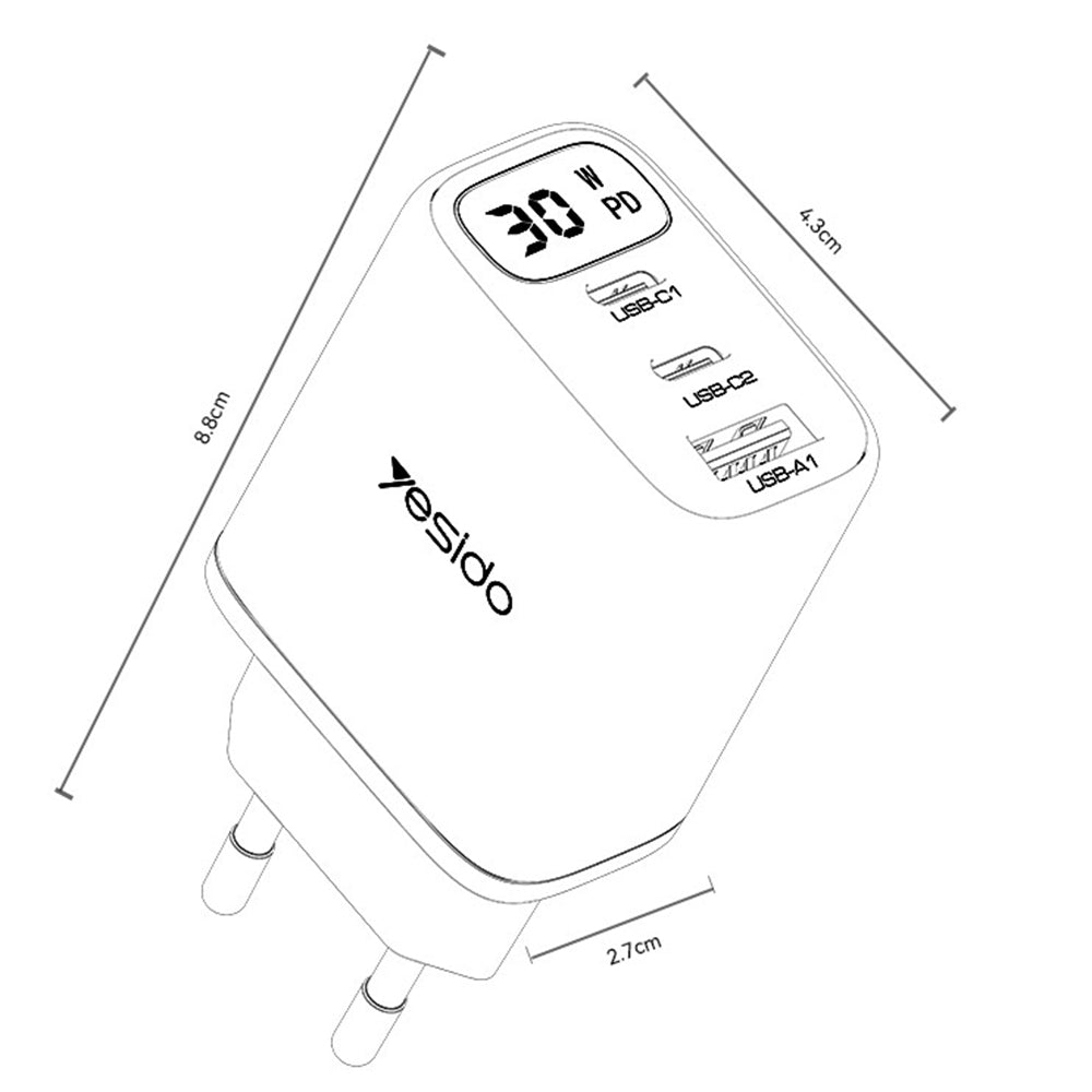 Caricabatterie Rete Yesido YC69 Display, 30W, 3A, 1 x USB-A - 2 x USB-C, Nero
