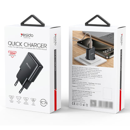 Caricabatterie Rete Yesido YC74, 30W, 3A, 1 x USB-C, Nero