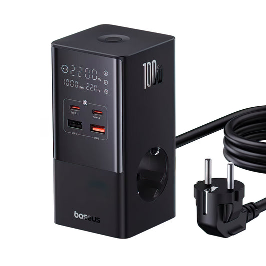 Caricabatterie Stazione Baseus PowerCombo Tower, 100W, 5A, 2 x Schuko - 2 x USB-A - 2 x USB-C, Nero E00023609113-00