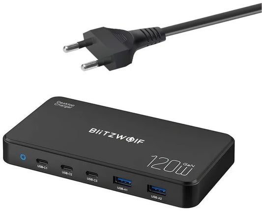 Caricabatterie Stazione BlitzWolf BW-i100, 120W, 5A, 2 x USB-A - 3 x USB-C, Nero