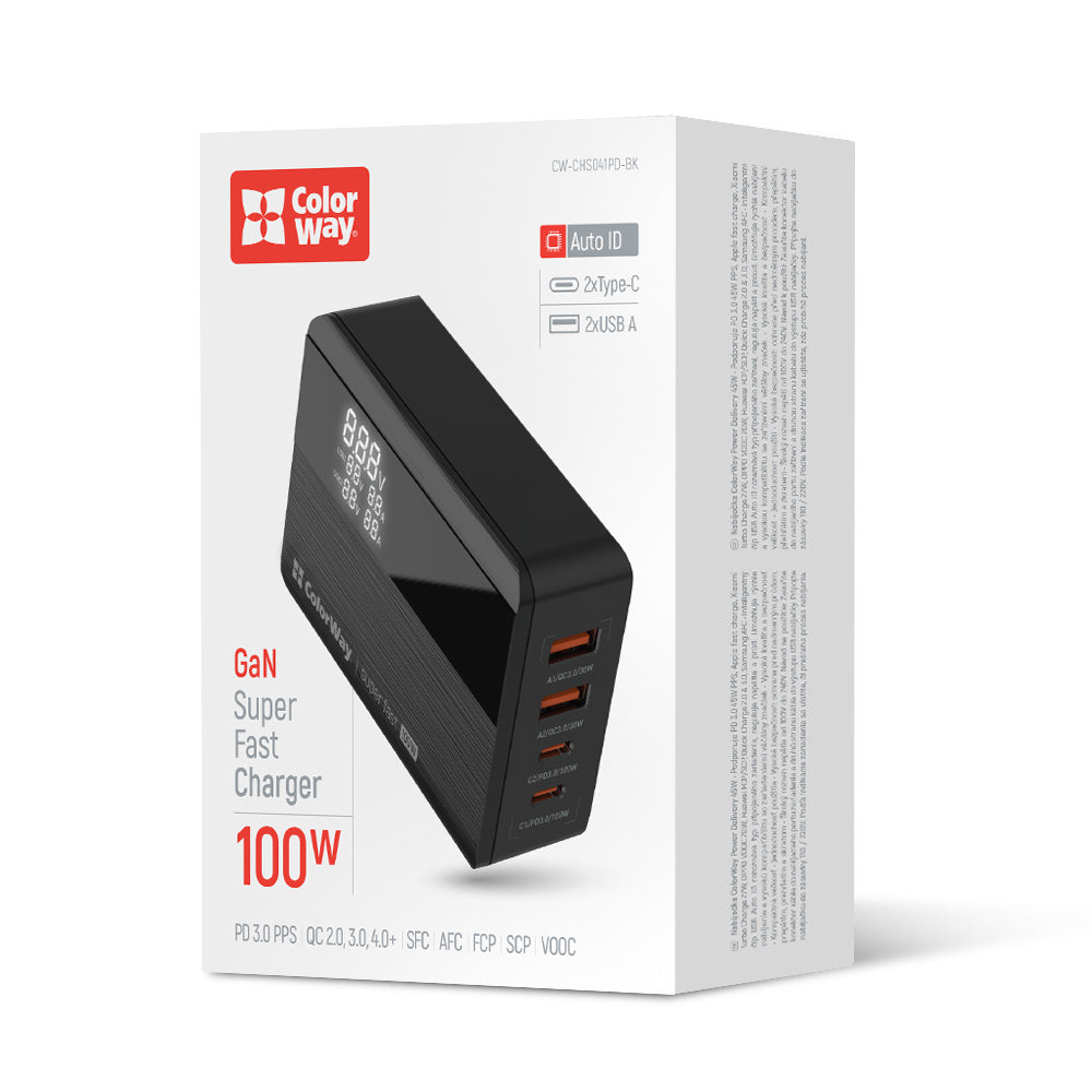 Caricabatterie Stazione ColorWay Display, 100W, 5A, 2 x USB-A - 2 x USB-C, Nero
