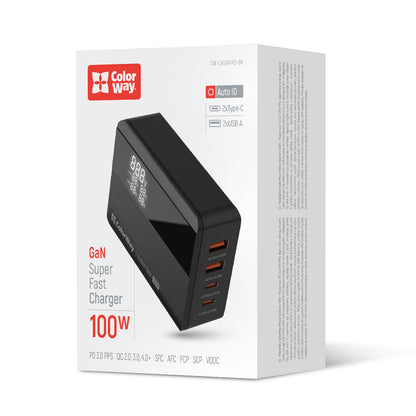 Caricabatterie Stazione ColorWay Display, 100W, 5A, 2 x USB-A - 2 x USB-C, Nero
