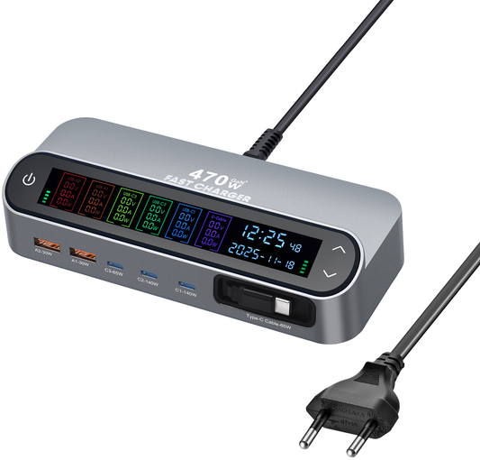 Caricatore Stazione con Cavo USB-C OEM LCD470W, 470W, 5A, 2 x USB-A - 3 x USB-C, Grigio