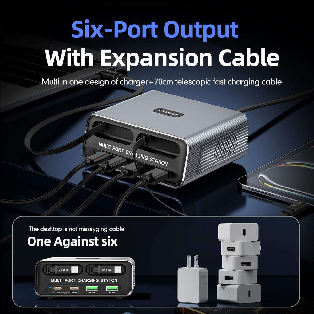 Caricatore Stazione Con Cavo USB-C OEM WLX-60C, 130W, 2 x USB-A - 2 x USB-C, Grigio
