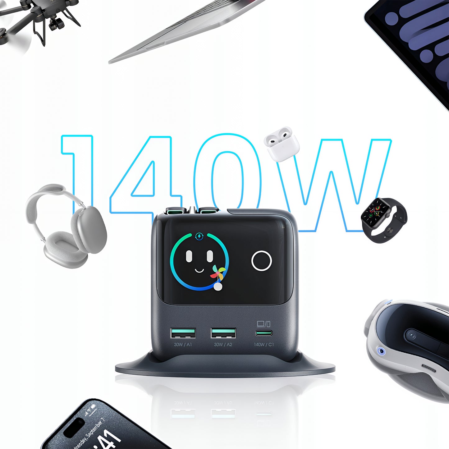 Caricabatterie Stazione Con Cavo USB-C Joyroom Podix JR-TRD01, 140W, 1 x USB-C - 2 x USB-A, Grigio