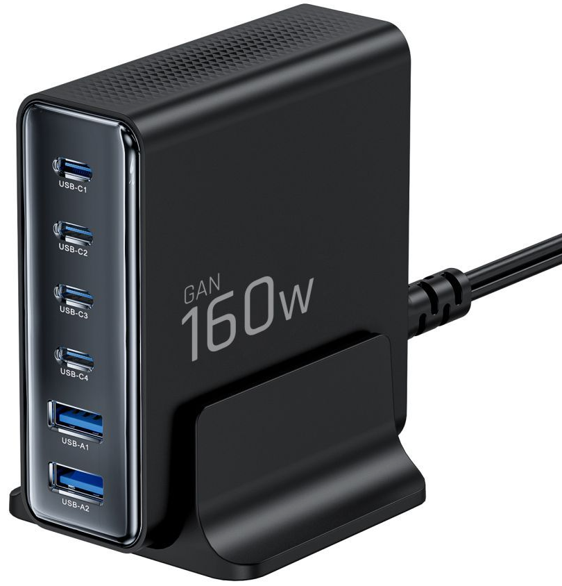 Caricabatterie Stazione Tech-Protect DC160W-GAN, 160W, 5A, 2 x USB-A - 4 x USB-C, Nero