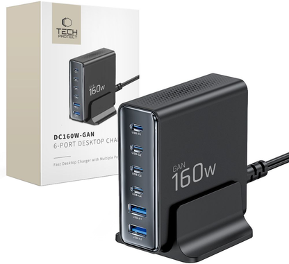 Caricabatterie Stazione Tech-Protect DC160W-GAN, 160W, 5A, 2 x USB-A - 4 x USB-C, Nero