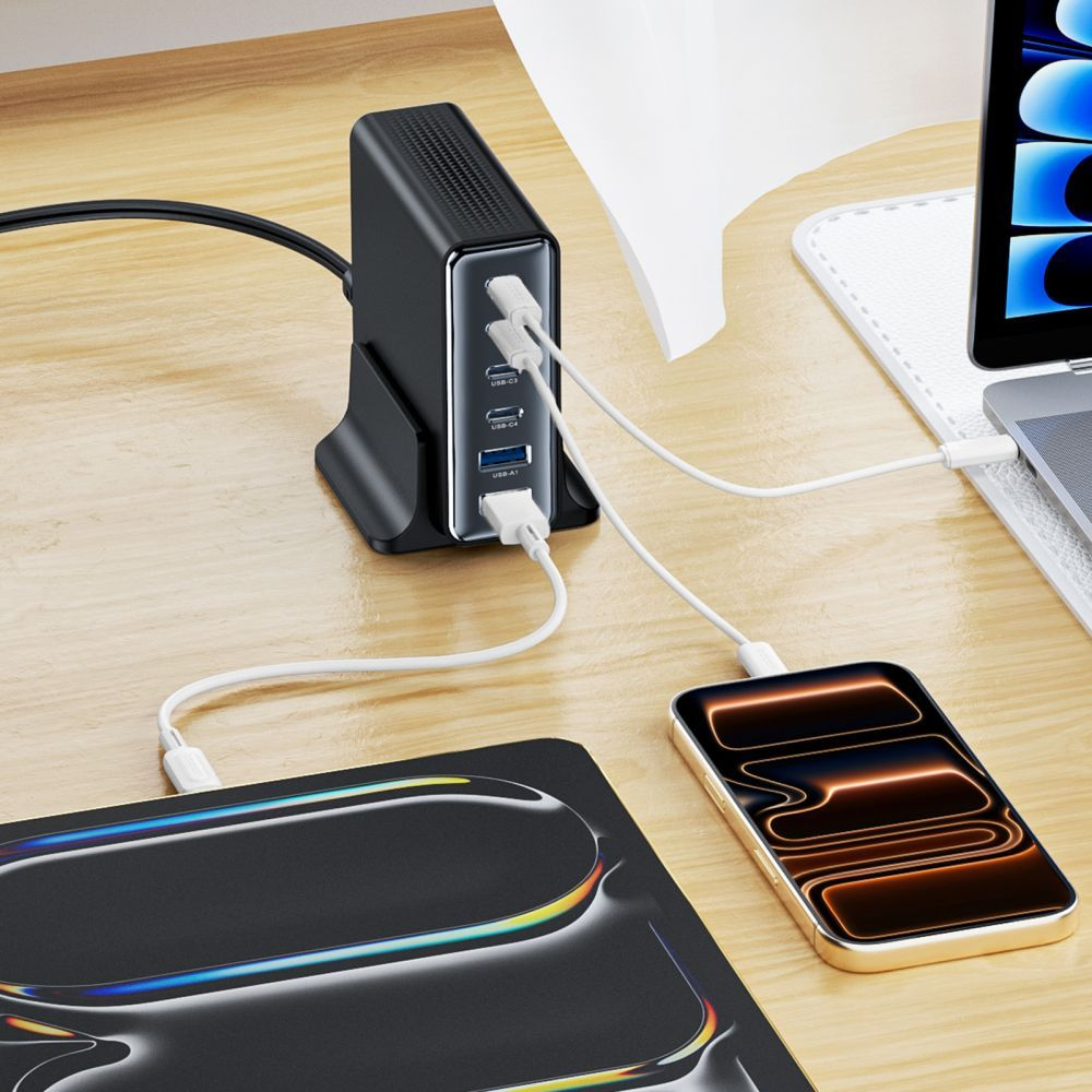 Caricabatterie Stazione Tech-Protect DC160W-GAN, 160W, 5A, 2 x USB-A - 4 x USB-C, Nero