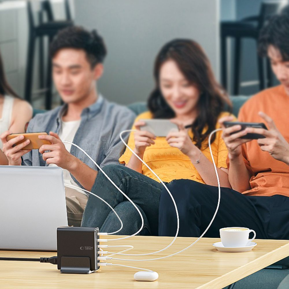 Caricabatterie Stazione Tech-Protect DC160W-GAN, 160W, 5A, 2 x USB-A - 4 x USB-C, Nero