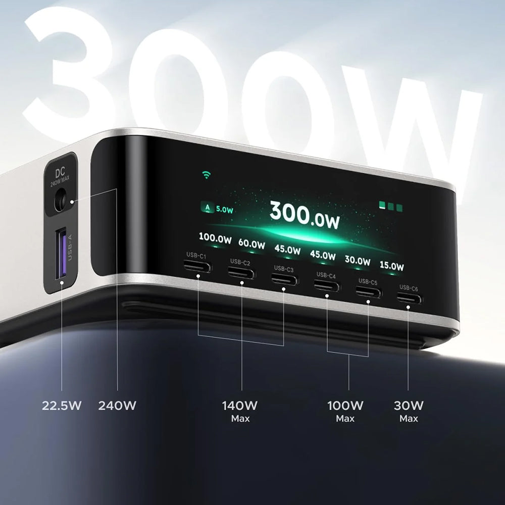 Caricabatterie da tavolo UGREEN Nexode Pro X783 (75753B) con display, 300 W, 5 A, 1 x USB-A - 6 x USB-C - 1 x DC, grigio