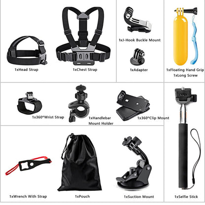 Kit Accessori Camera Sport Techsuit SA15 per GoPro / SJCAM Series, 15in1, Nero
