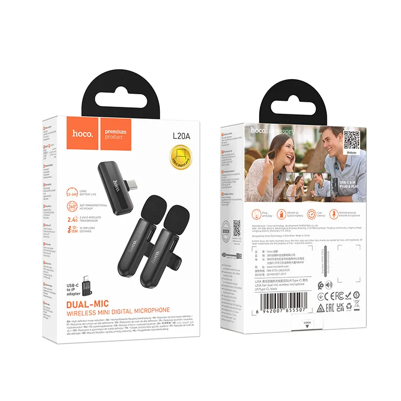 Lavaliera HOCO L20A, USB-C / Lightning, Set 2 pezzi, Nera