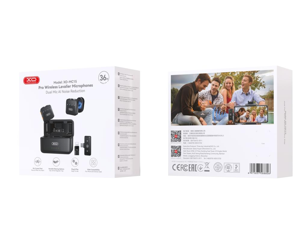 Lavaliera XO Design MC15 Dual, USB-C / Lightning, Set 2 pezzi, Nera