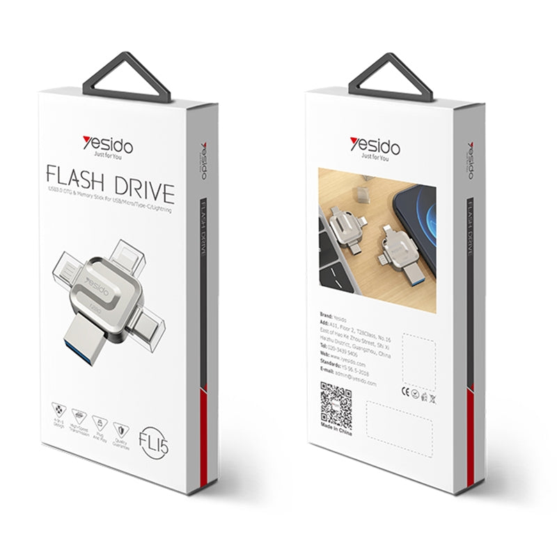 Memoria Esterna USB-A 3.0 / Lightning / USB-C / microUSB Yesido FL15, 128Gb