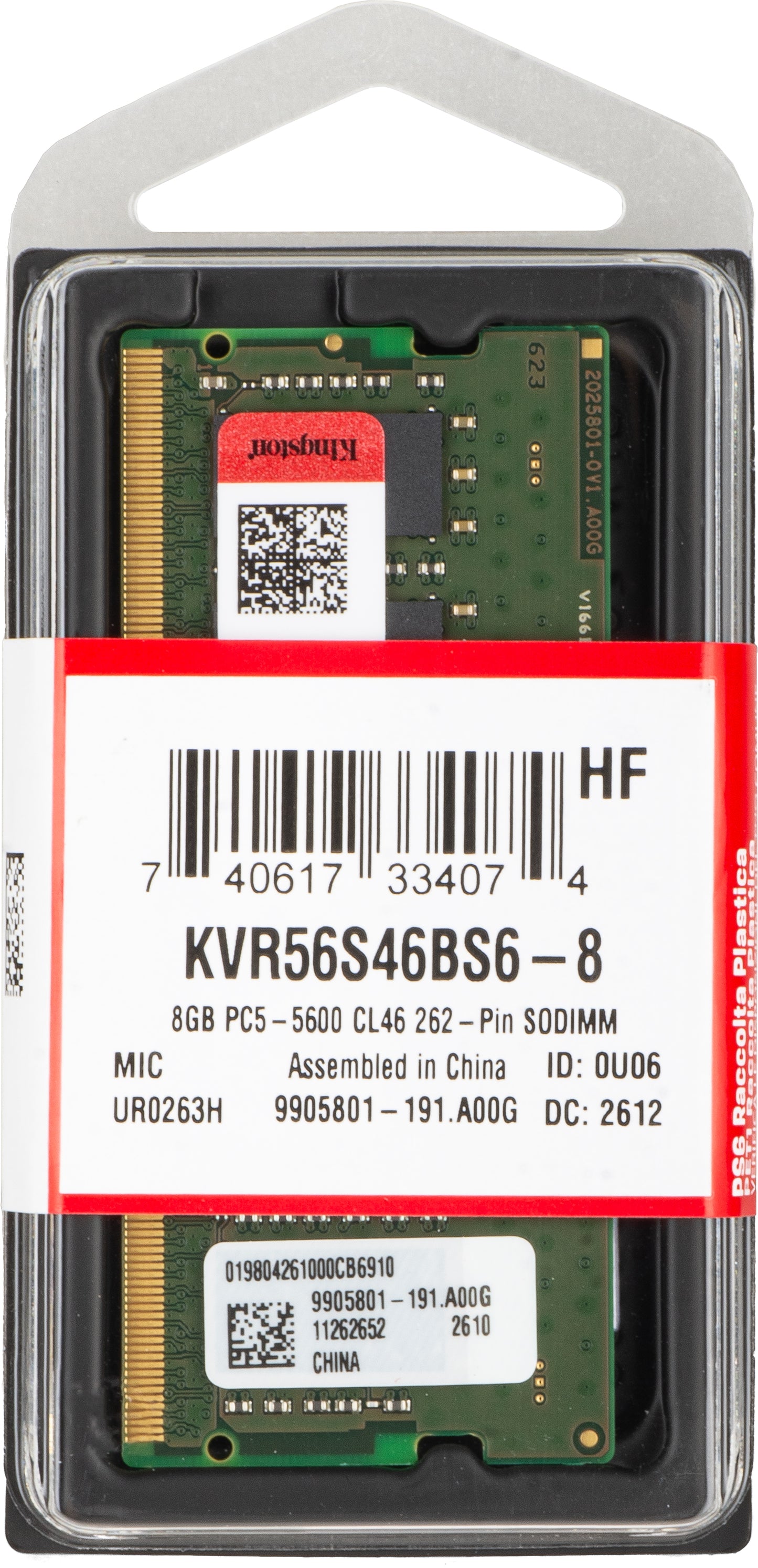 Memoria RAM Kingston, DDR5 SODIMM, 8GB, 5600Mhz KVR56S46BS6-8