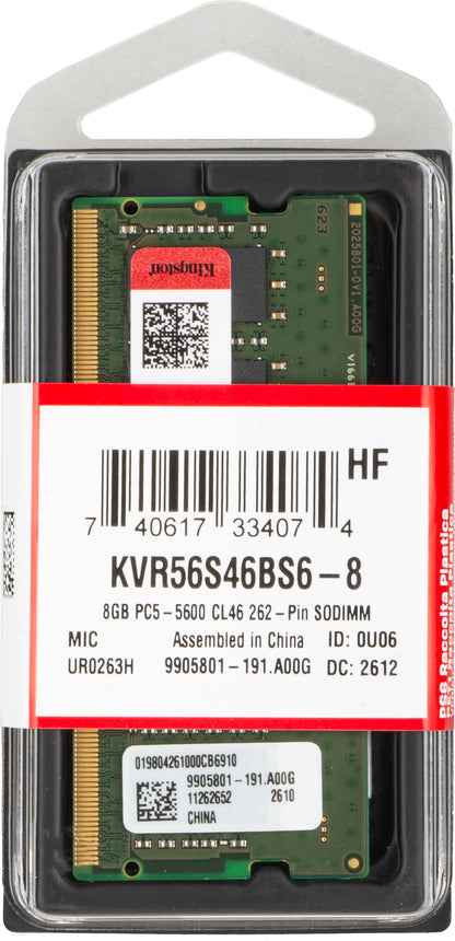 Memoria RAM Kingston, DDR5 SODIMM, 8GB, 5600Mhz KVR56S46BS6-8