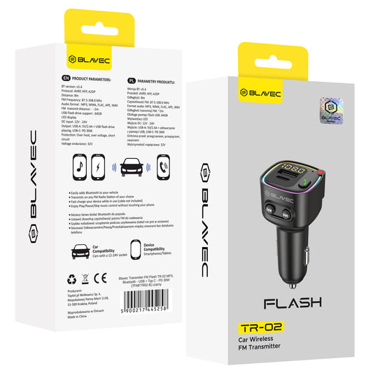 Modulatore FM Bluetooth Blavec Flash TR-02, 1 x USB-A - 1 x USB-C