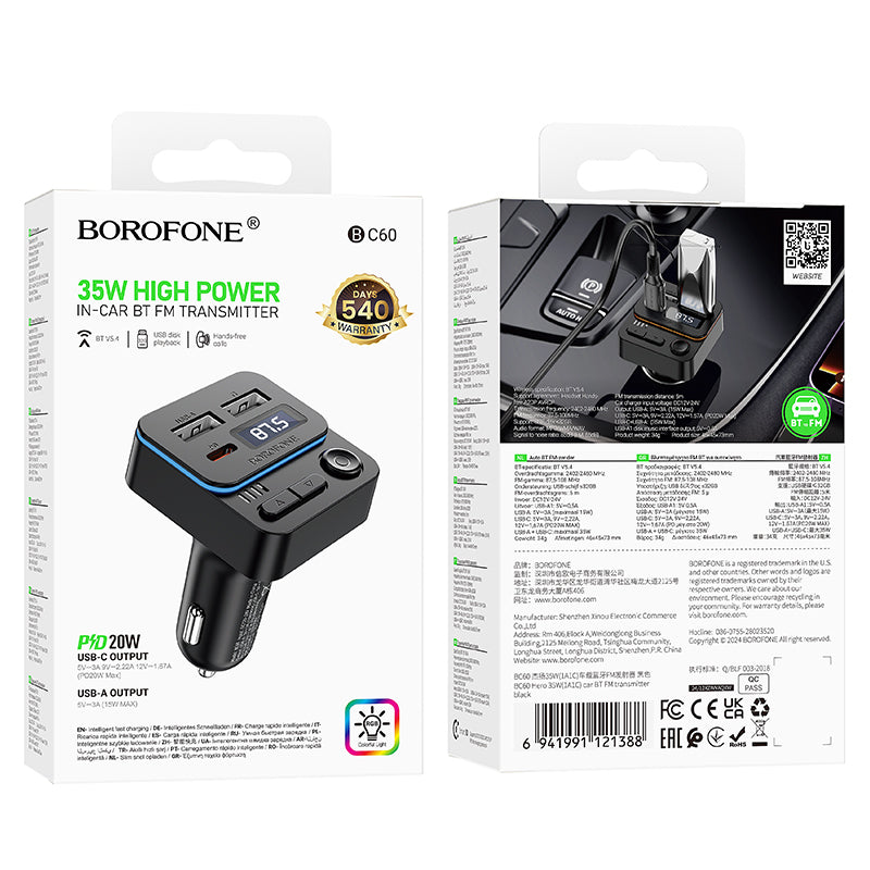 Modulatore FM Bluetooth Borofone BC60 Hero, 2 x USB-A - 1 x USB-C