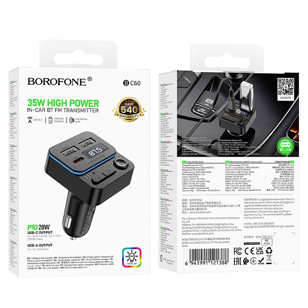 Modulatore FM Bluetooth Borofone BC60 Hero, 2 x USB-A - 1 x USB-C