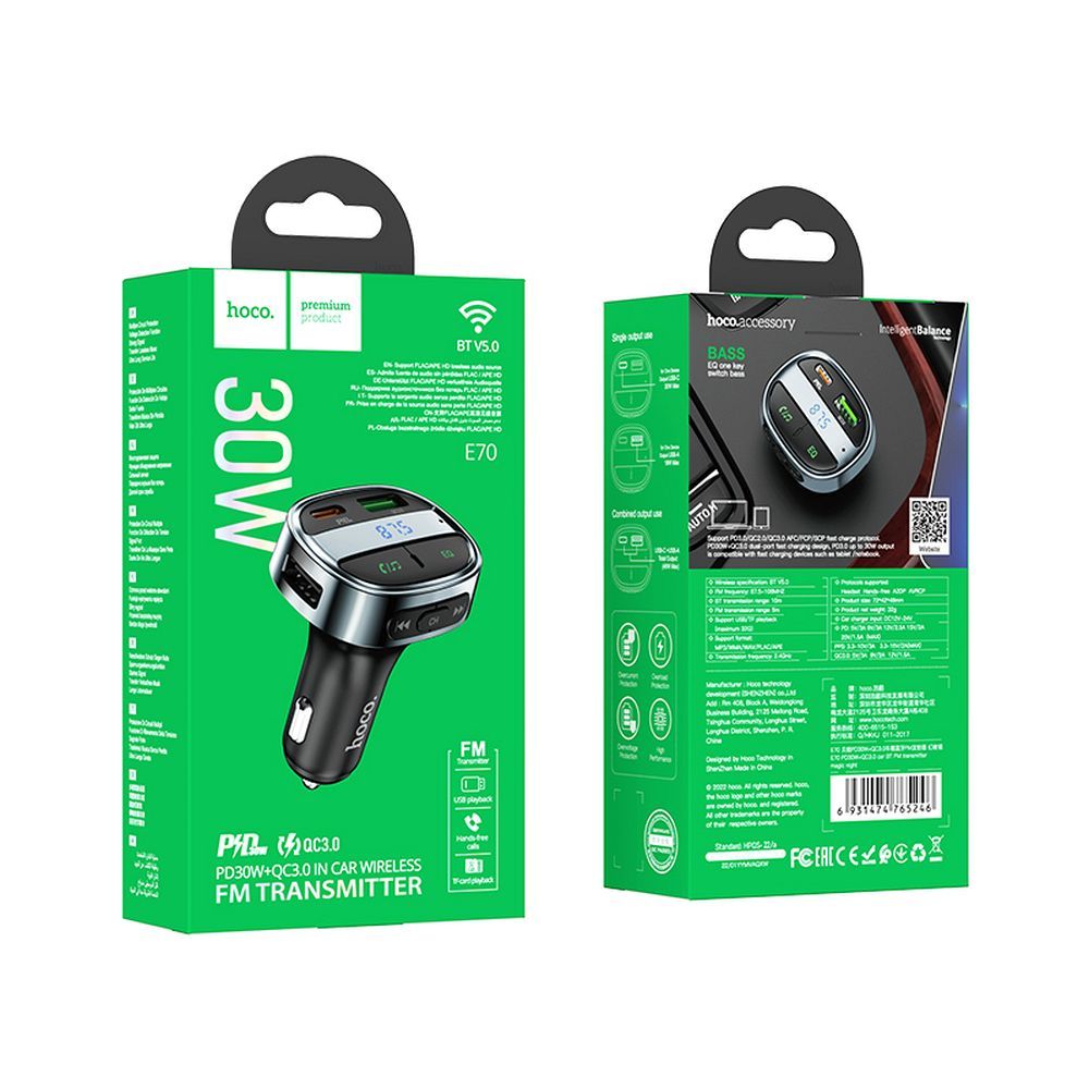 Bluetooth FM Modulator HOCO E70, 1 x USB-A - 1 x USB-C - microSD