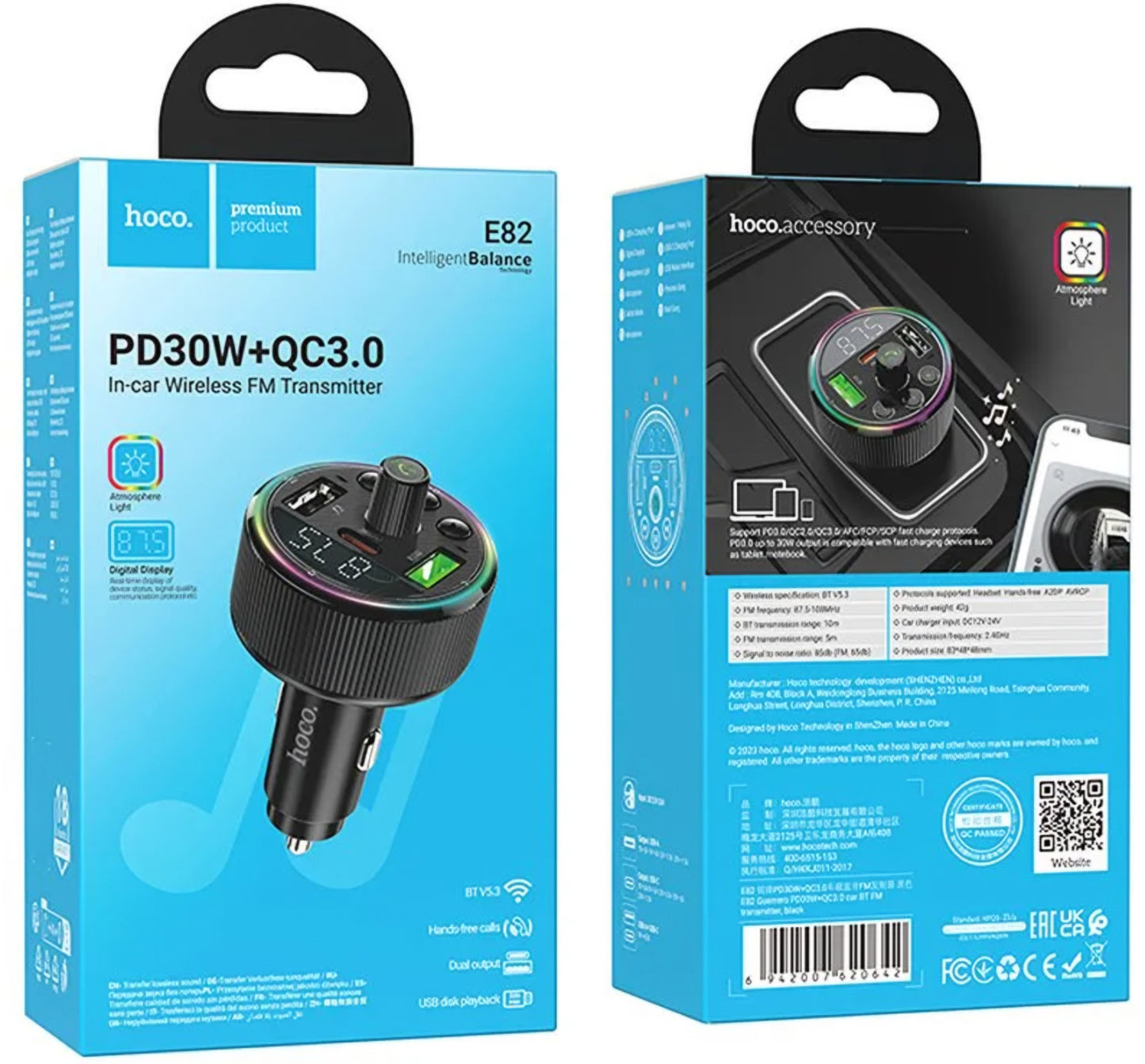 Modulatore FM Bluetooth HOCO E82, 2 x USB-A - 1 x USB-C