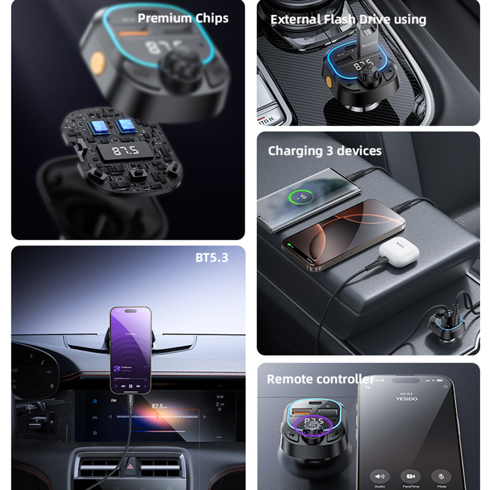 Modulatore FM Bluetooth Yesido Y70, 2 x USB-A - 1 x USB-C