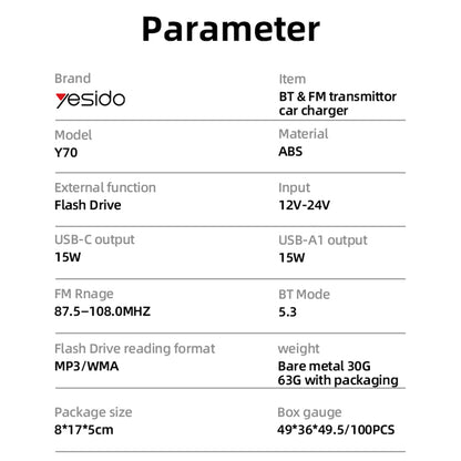 Modulatore FM Bluetooth Yesido Y70, 2 x USB-A - 1 x USB-C