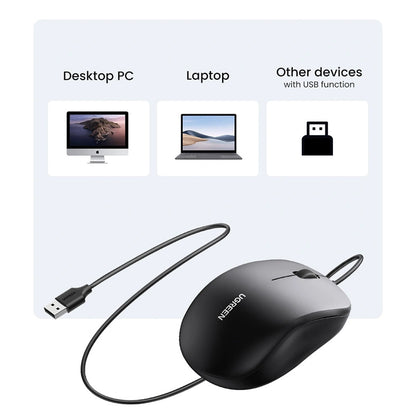 Mouse Wired USB UGREEN MU007, 1200DPI, 1.5m, Nero