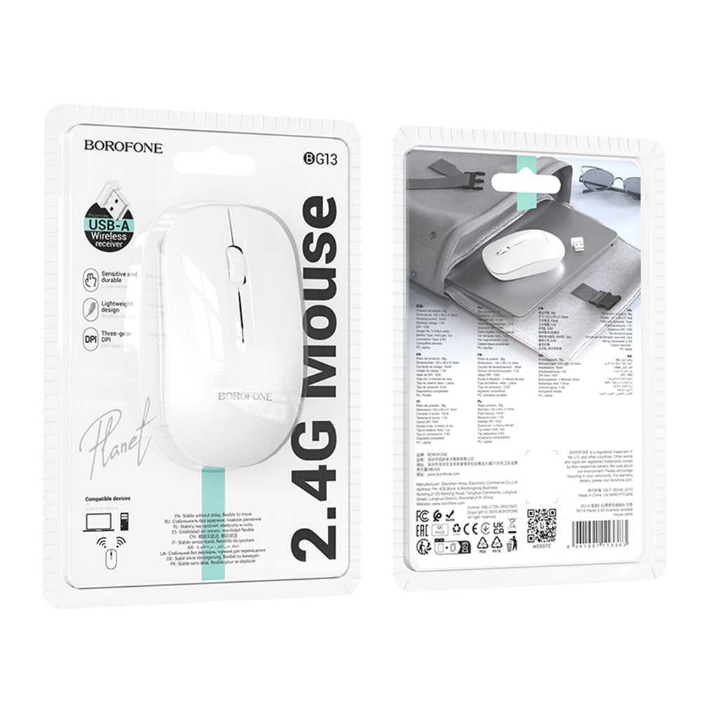 Mouse Wireless Borofone BG14 Planet, 1000DPI, BT / Wi-Fi, Bianco