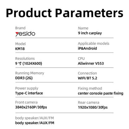 Navigazione Auto Yesido KM18, Wi-Fi, 9 pollici