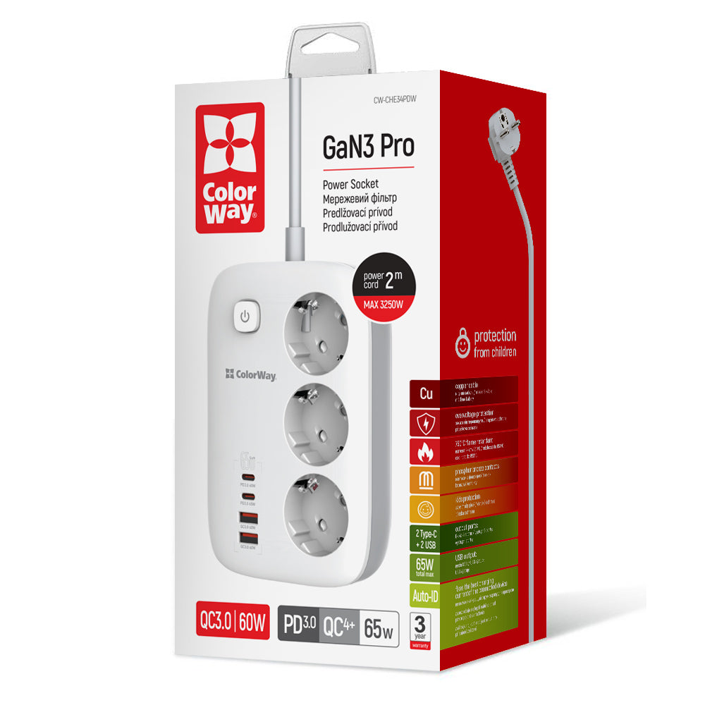 Prolunga ColorWay, 3 x Schuko, Bianco