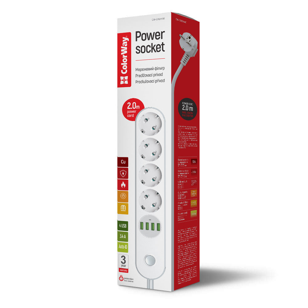 Prolunga ColorWay, 4 x Schuko, Bianca