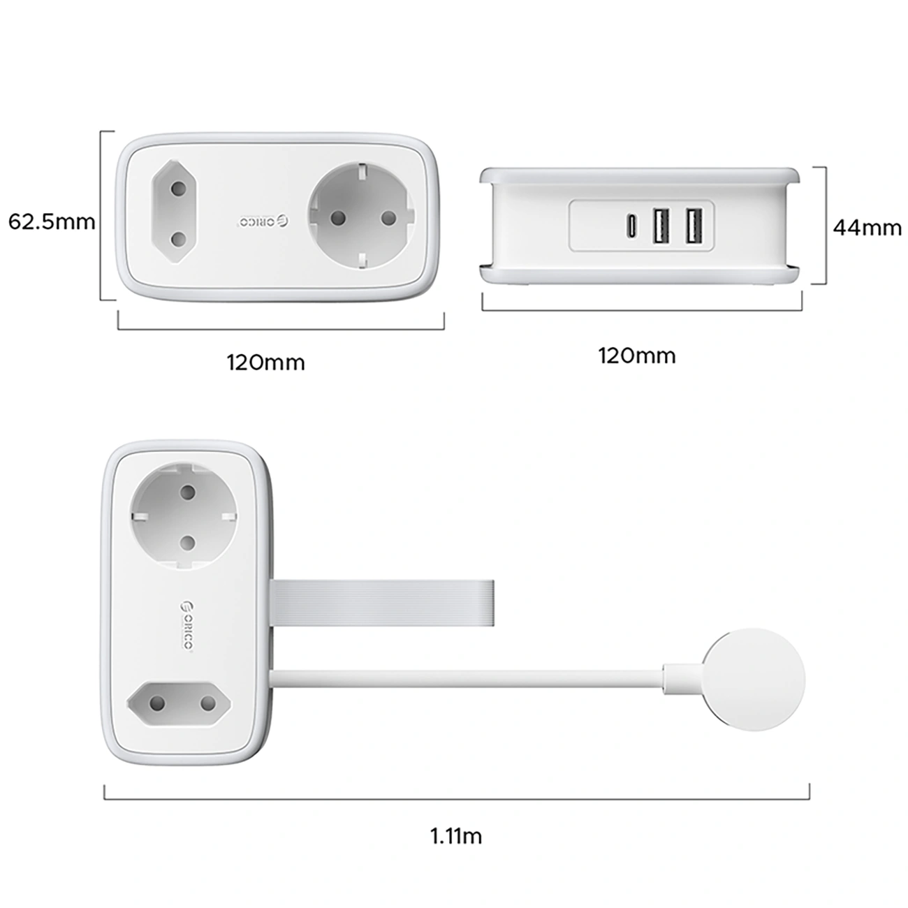Prolunga Orico APP, 1 x Schuko - 1 x Presa - 2 x USB-A - 1 x USB-C, Bianco Grigio