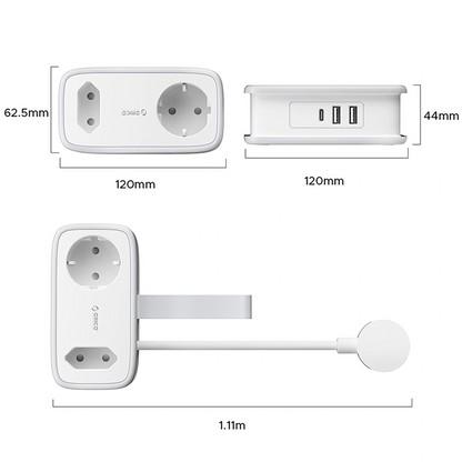 Prolunga Orico APP, 1 x Schuko - 1 x Presa - 2 x USB-A - 1 x USB-C, Bianco Grigio