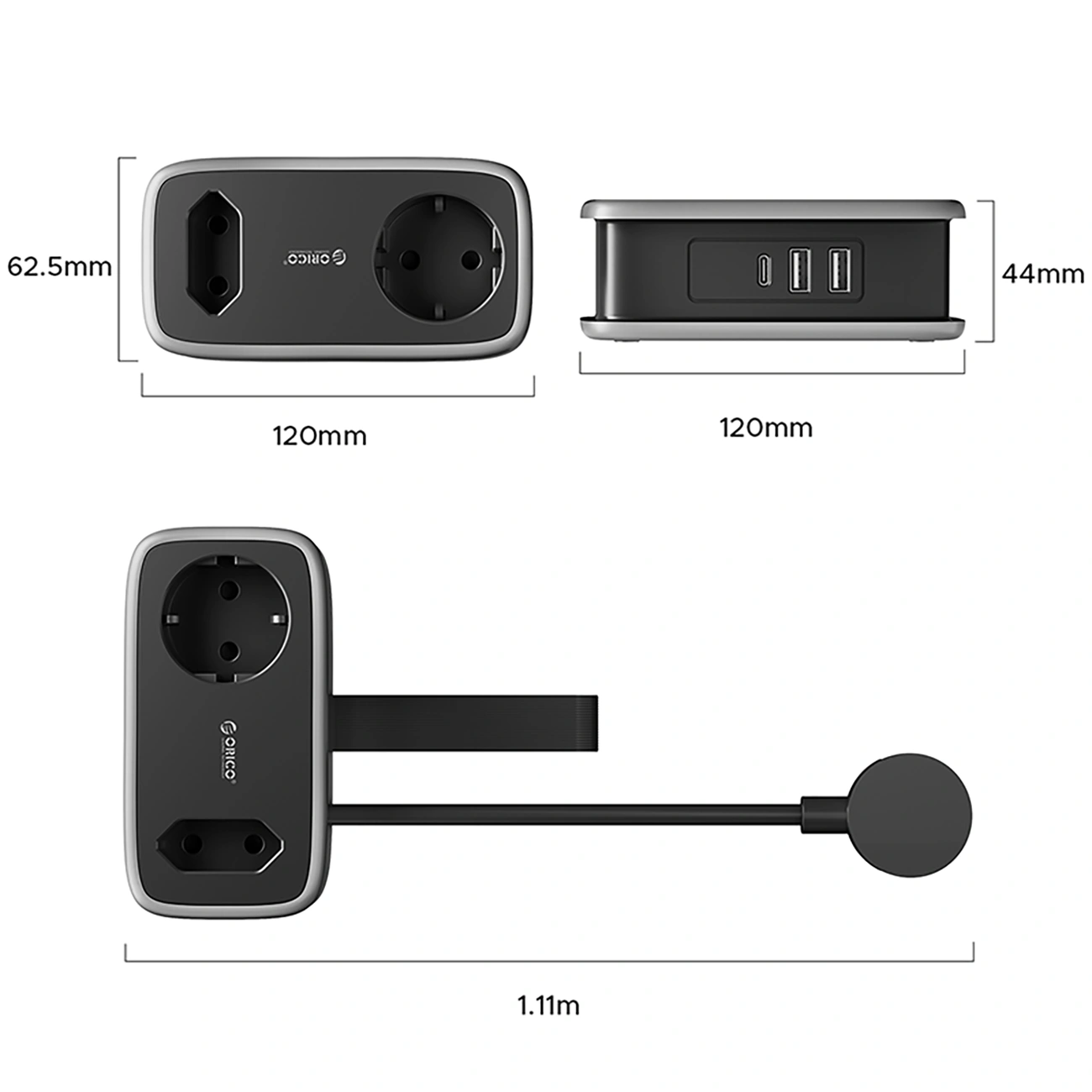 Prolunga Orico APP, 1 x Schuko - 1 x Presa - 2 x USB-A - 1 x USB-C, Nero Grigio
