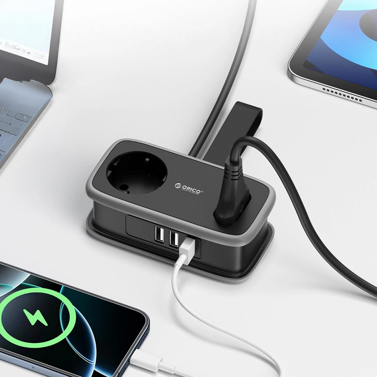 Prolunga Orico APP, 1 x Schuko - 1 x Presa - 2 x USB-A - 1 x USB-C, Nero Grigio