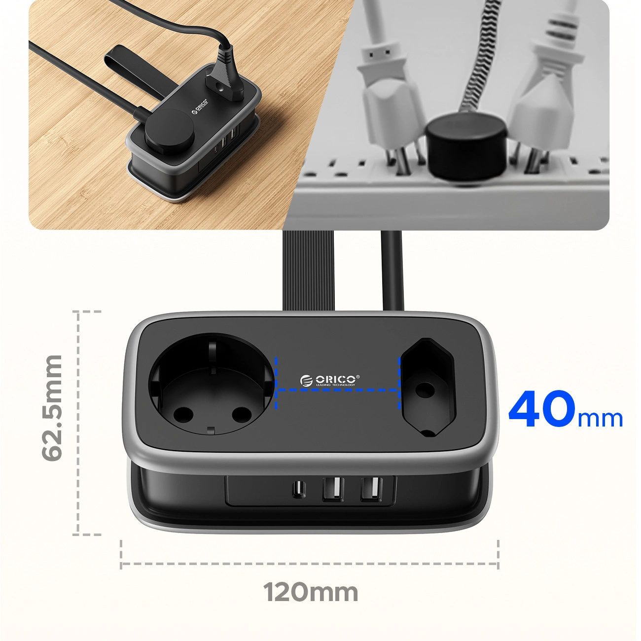 Prolunga Orico APP, 1 x Schuko - 1 x Presa - 2 x USB-A - 1 x USB-C, Nero Grigio