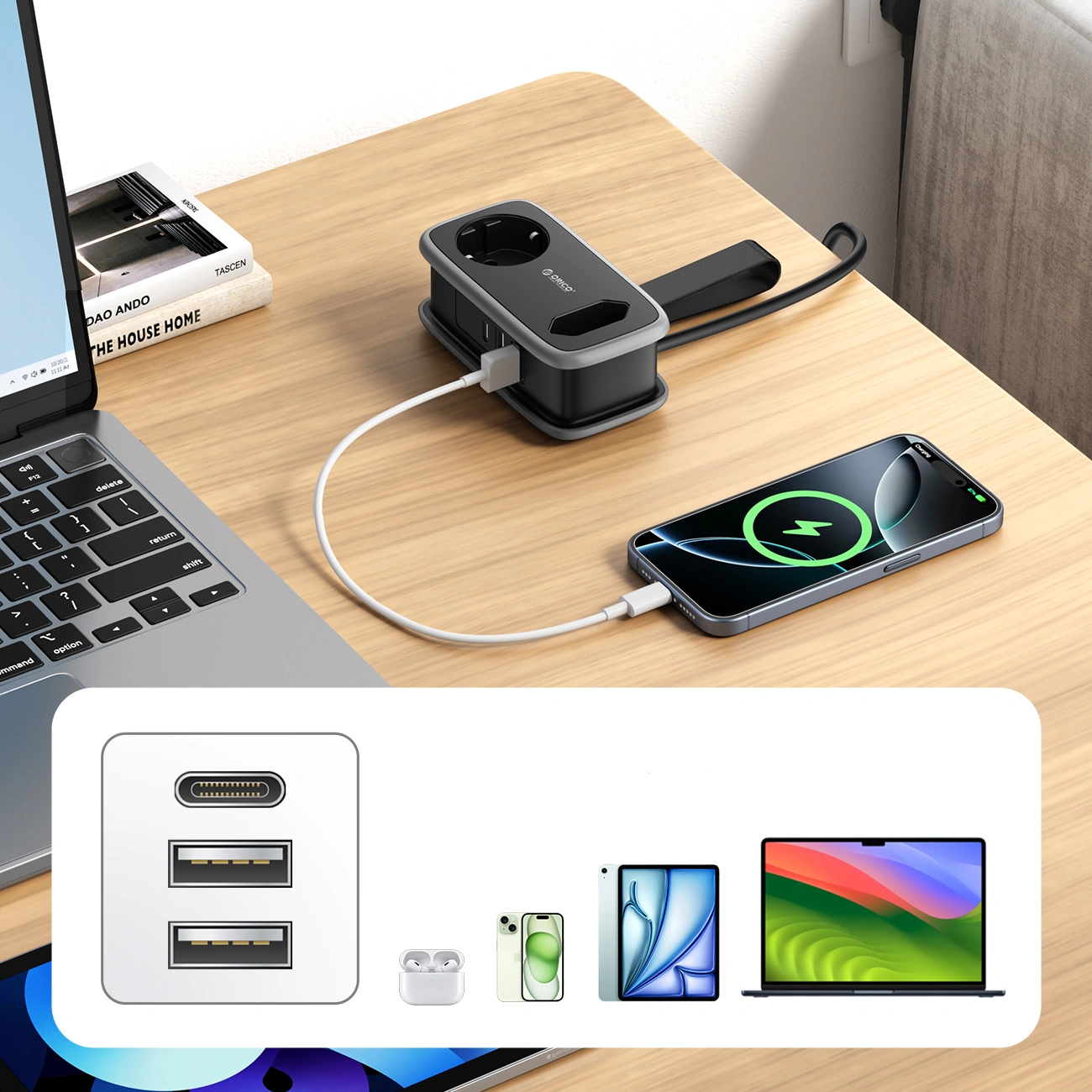 Prolunga Orico APP, 1 x Schuko - 1 x Presa - 2 x USB-A - 1 x USB-C, Nero Grigio