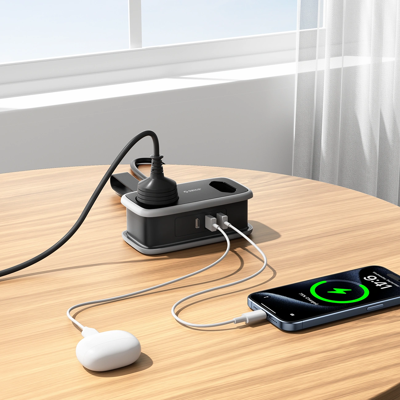 Prolunga Orico APP, 1 x Schuko - 1 x Presa - 2 x USB-A - 1 x USB-C, Nero Grigio