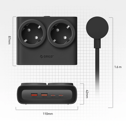 Prolunga Orico PDC25, 2 x Schuko - 2 x USB-A - 2 x USB-C, Nero