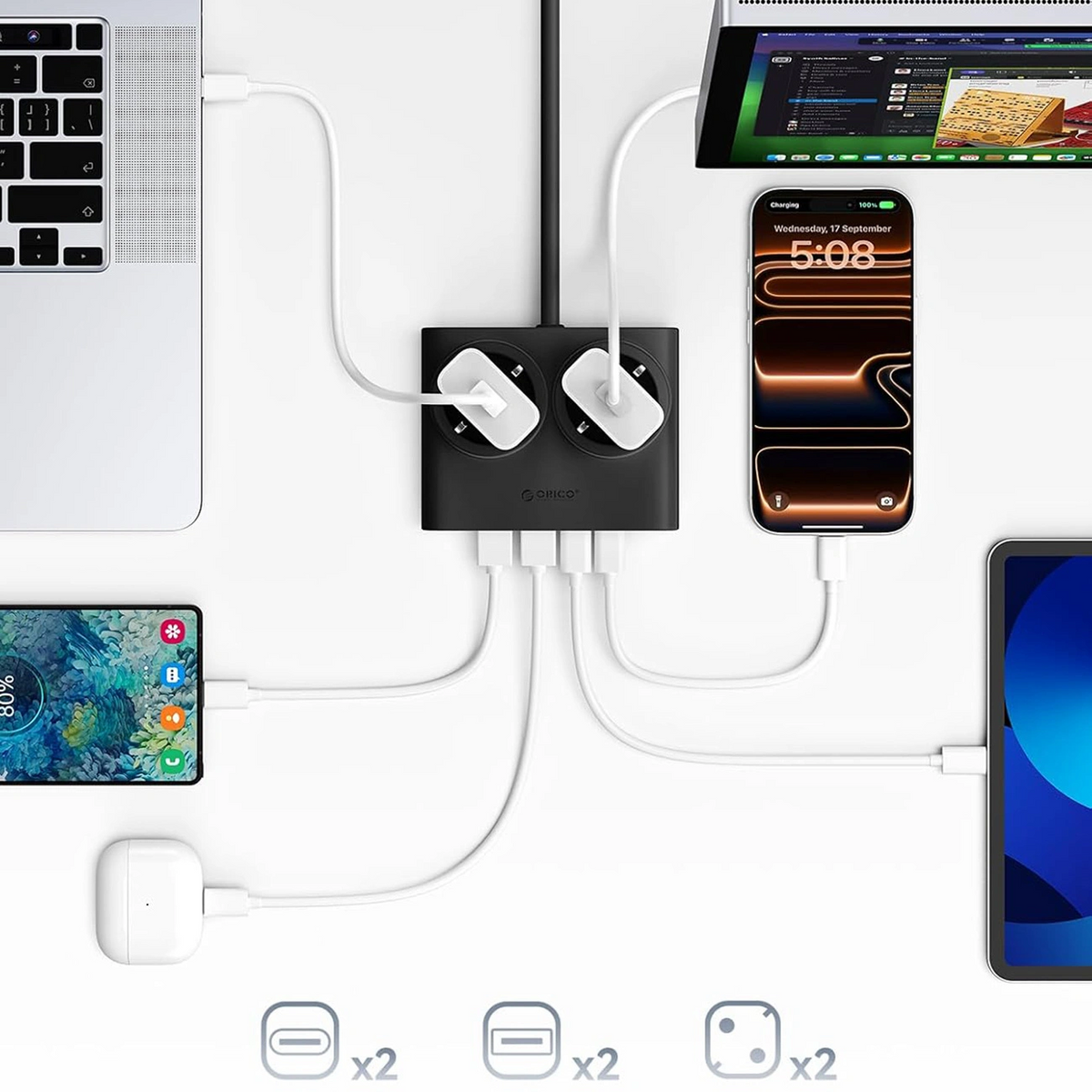 Prolunga Orico PDC25, 2 x Schuko - 2 x USB-A - 2 x USB-C, Nero