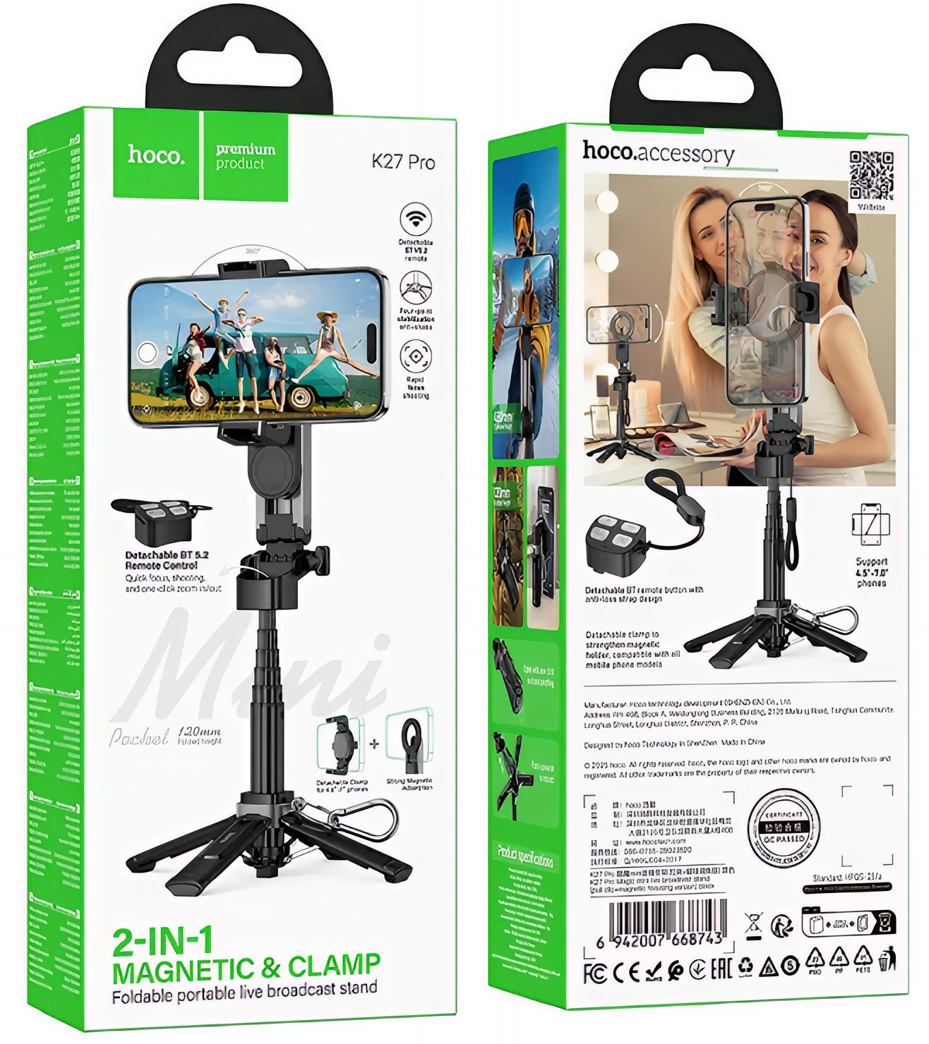 Selfie Stick Bluetooth HOCO K27 Pro, Universale, Nero