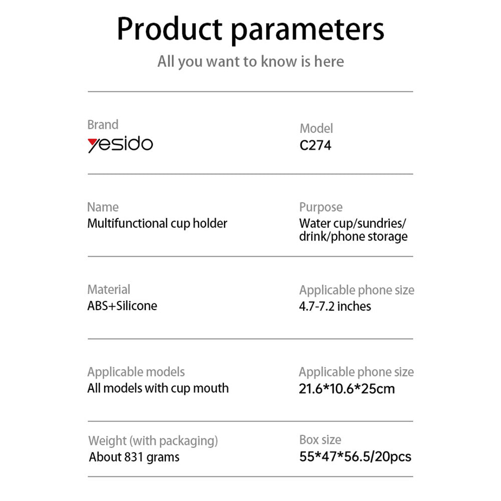 Supporto Auto Yesido C274, 4.7inch - 7.2inch, Nero