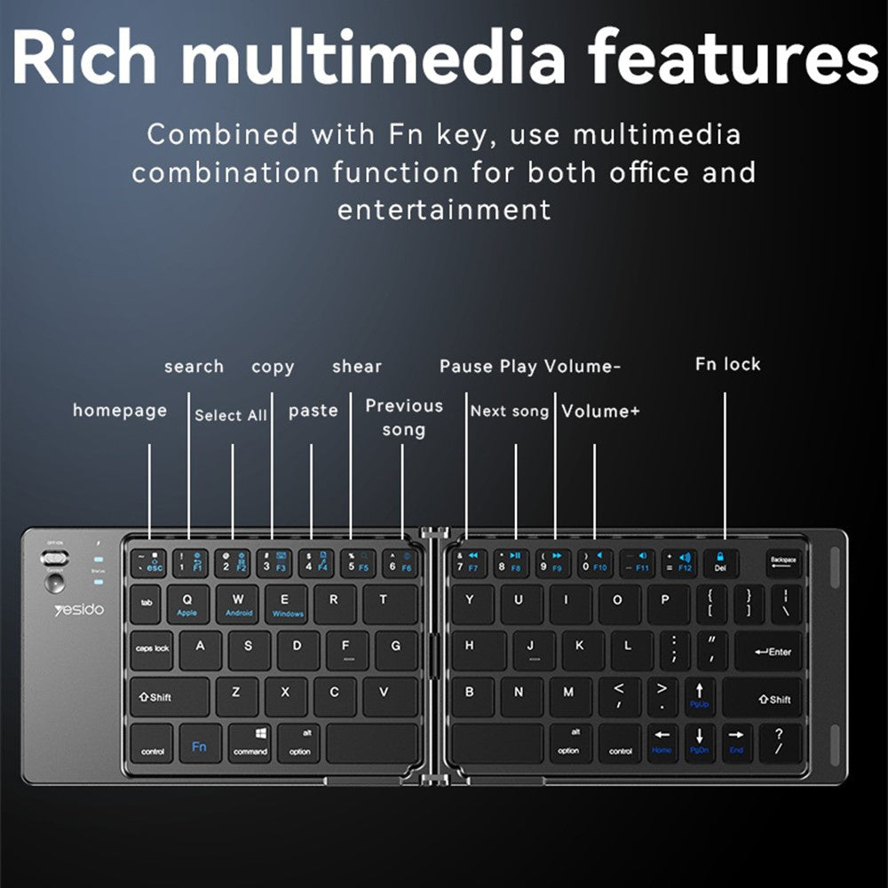 Tastiera Pieghevole Bluetooth Yesido KB27, Nera